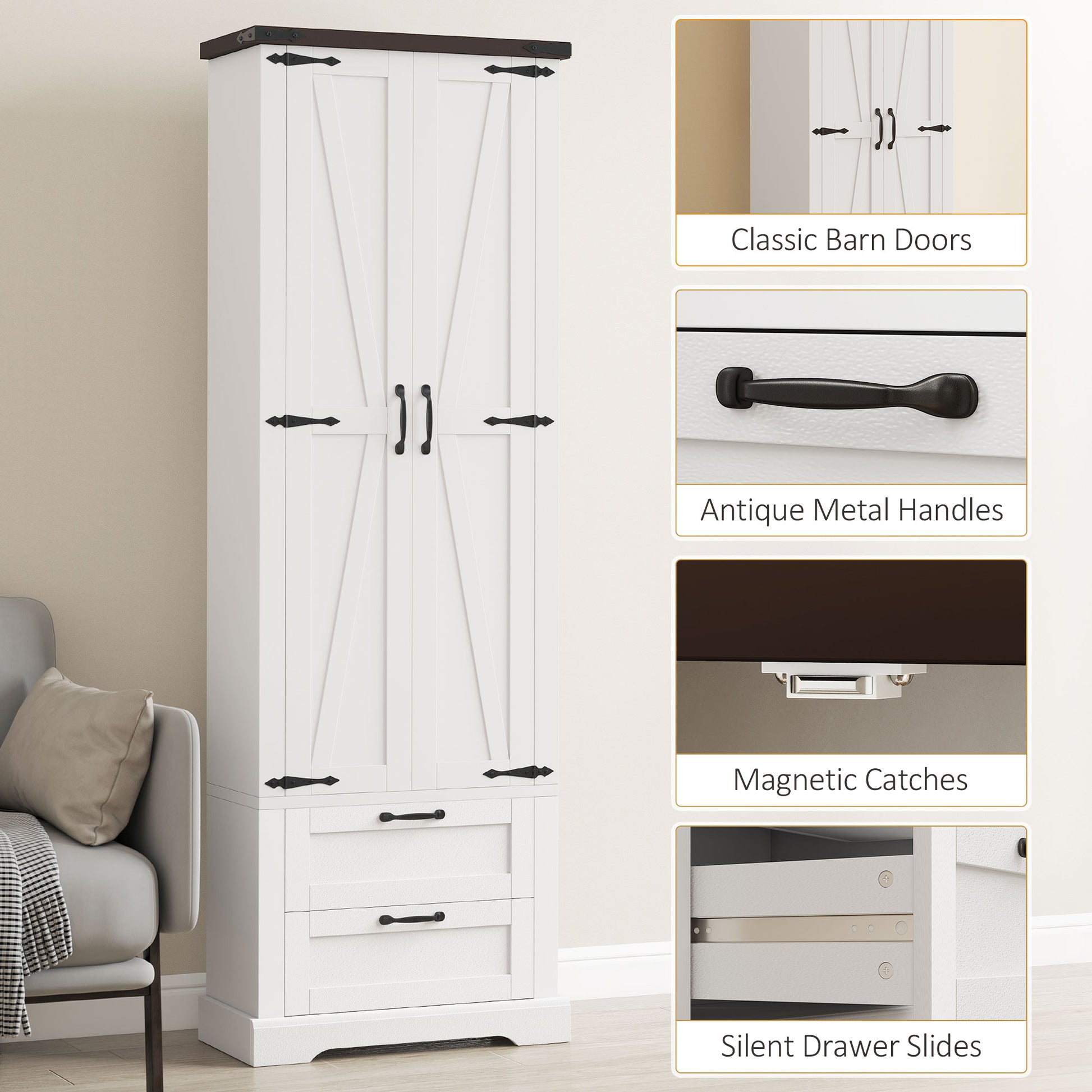71" Tall Kitchen Pantry Cabinet, Farmhouse Kitchen Storage Cabinet with 2 Drawer and Adjustable Shelves, White
