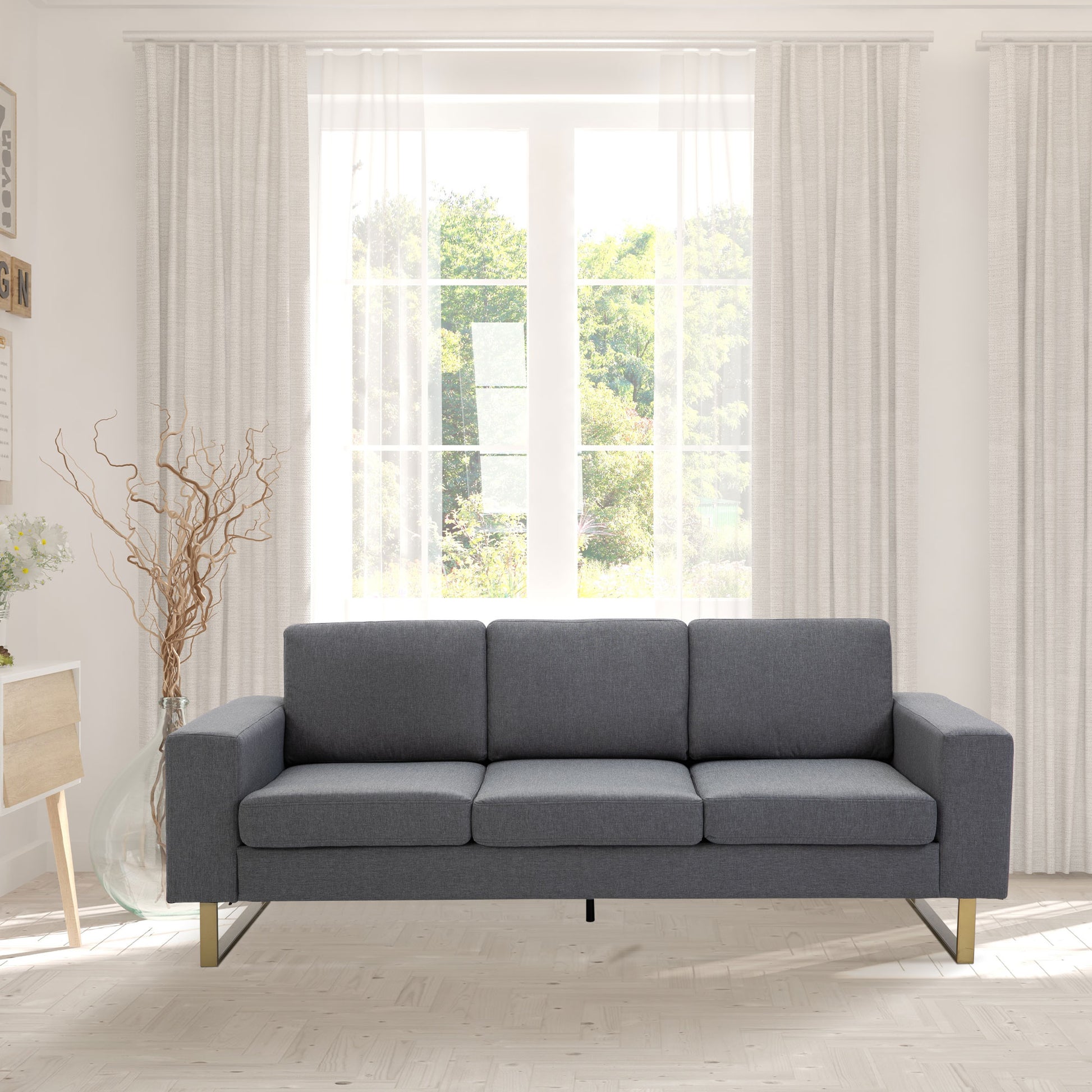3 Seater Sofa, Linen Upholstered Cozy Padded Couch with Steel Leg, Backrest and Wide Armrest, for Living room, Bedroom, 