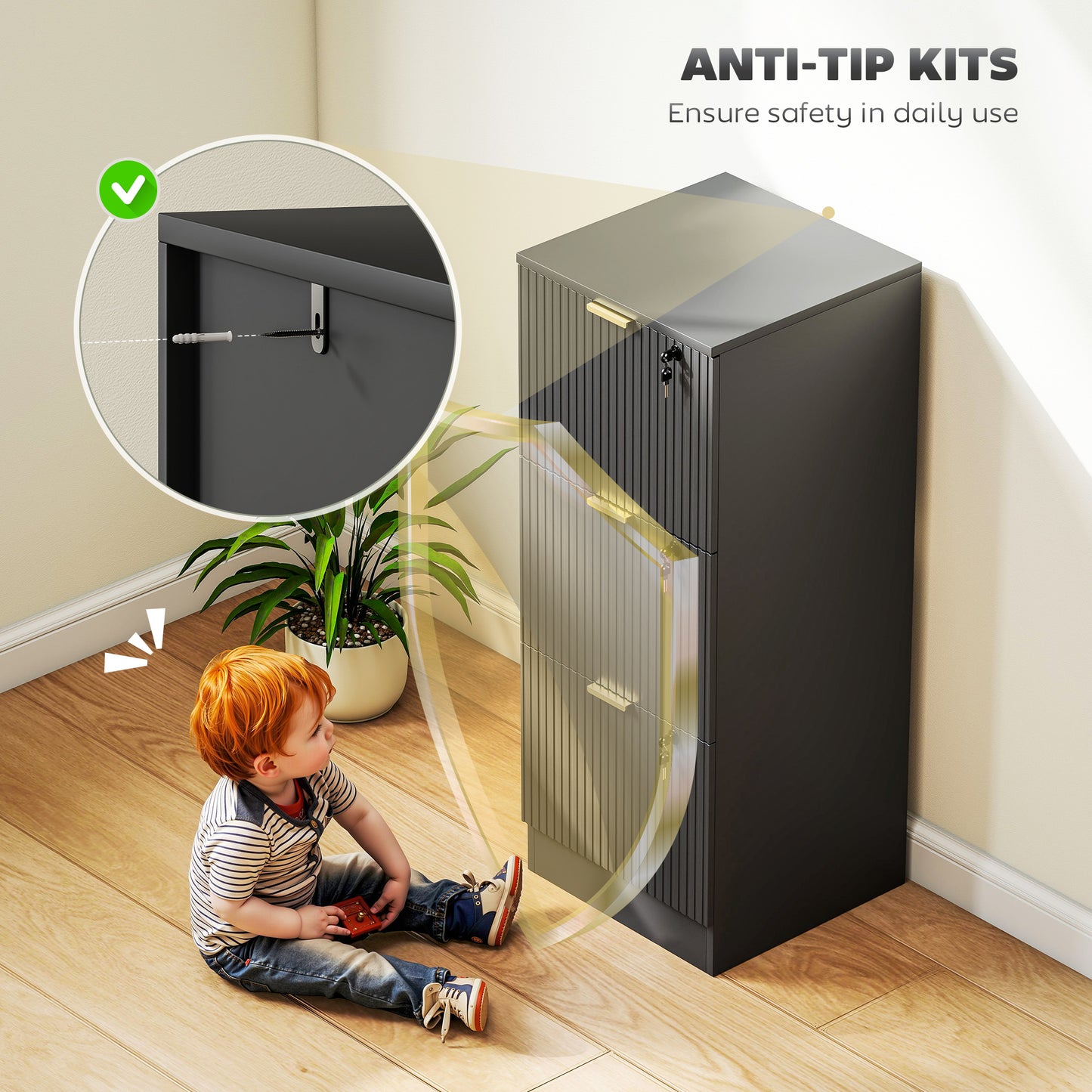 Lockable Filing Cabinet with 3 Fluted Drawers, File Cabinet with Adjustable Hanging Rails for A4 Letter Files, Black