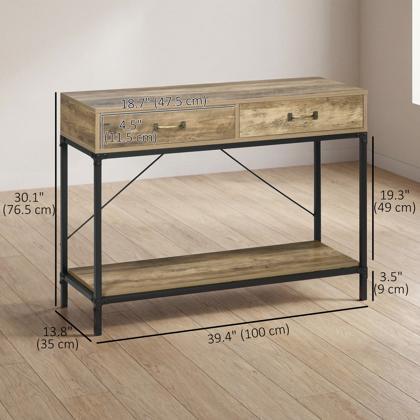 39" Vintage Console Table, Narrow Entryway Table with Drawers, Storage Shelf for Behind Couch, Living Room, Hallway, Bed