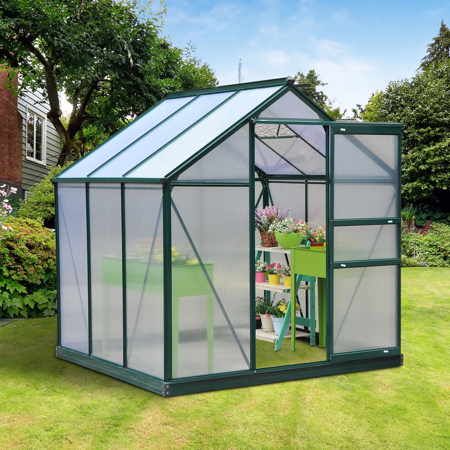 6.2' x 6.3' x 6.6' Clear Polycarbonate Greenhouse Large Walk-In Green House Garden Plants Grow Galvanized Base Aluminium