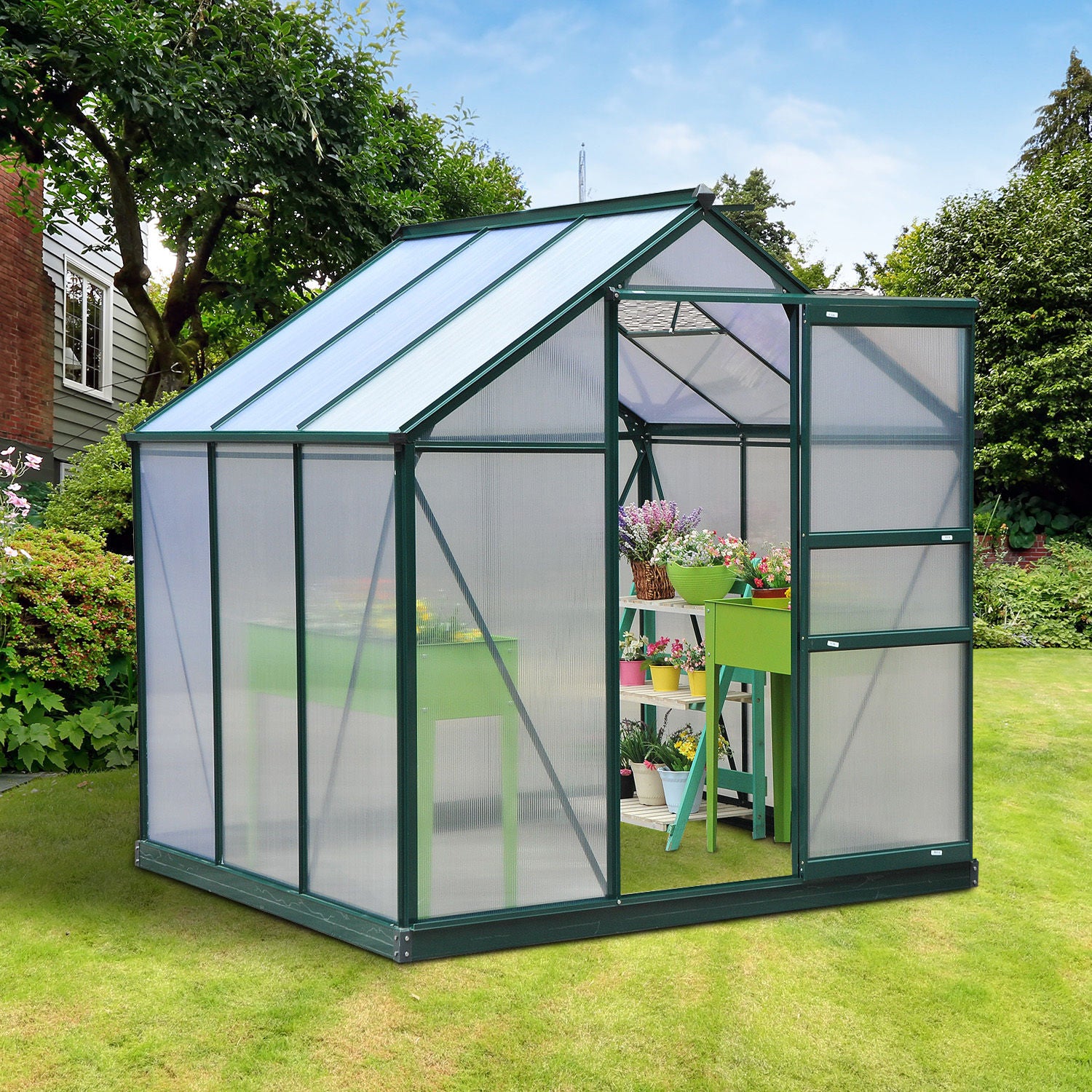 6.2' x 6.3' x 6.6' Clear Polycarbonate Greenhouse Large Walk-In Green House Garden Plants Grow Galvanized Base Aluminium