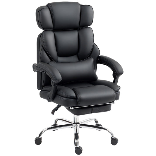 PU Leather Office Chair, Reclining Desk Chair with Footrest, Adjustable Headrest, Lumbar Support, Swivel Wheels, Black