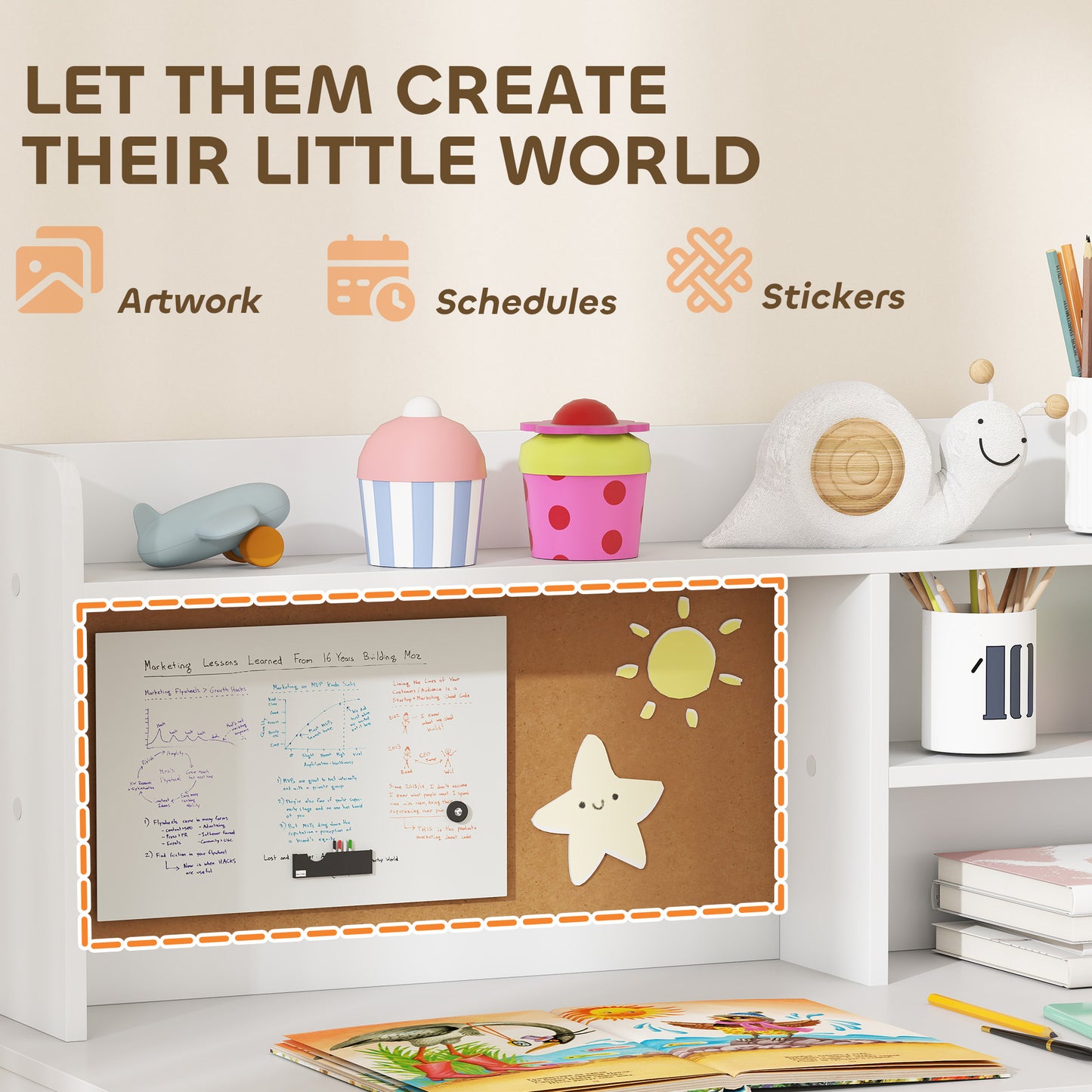 Qaba Kids Desk and Chair Set, Kids Study Table and Chair Set with Storage Hutch, Drawer, Cabinet, Compartments, Cork Boa