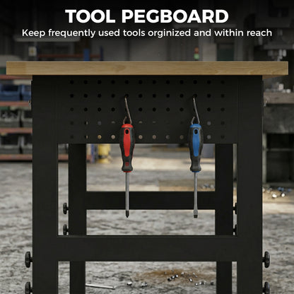 48" Adjustable Workbench, Heavy Duty Work Table with Rubber Wood Top, Power Outlets, Pegboard, 2000 LBS Capacity
