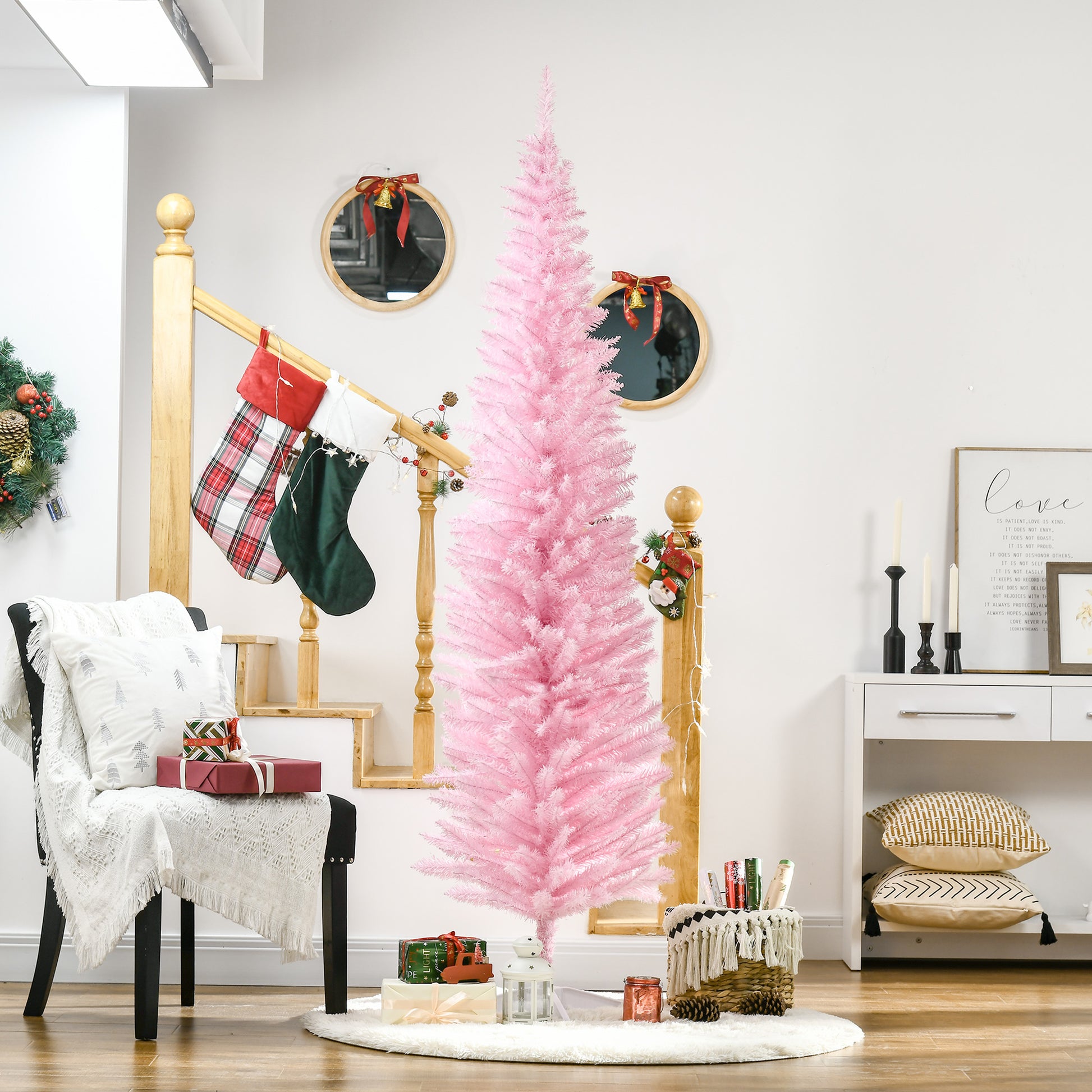 7' Pencil Christmas Tree, Slim Artificial Xmas Tree with Realistic Branches, Sturdy Metal Stand, Pink
