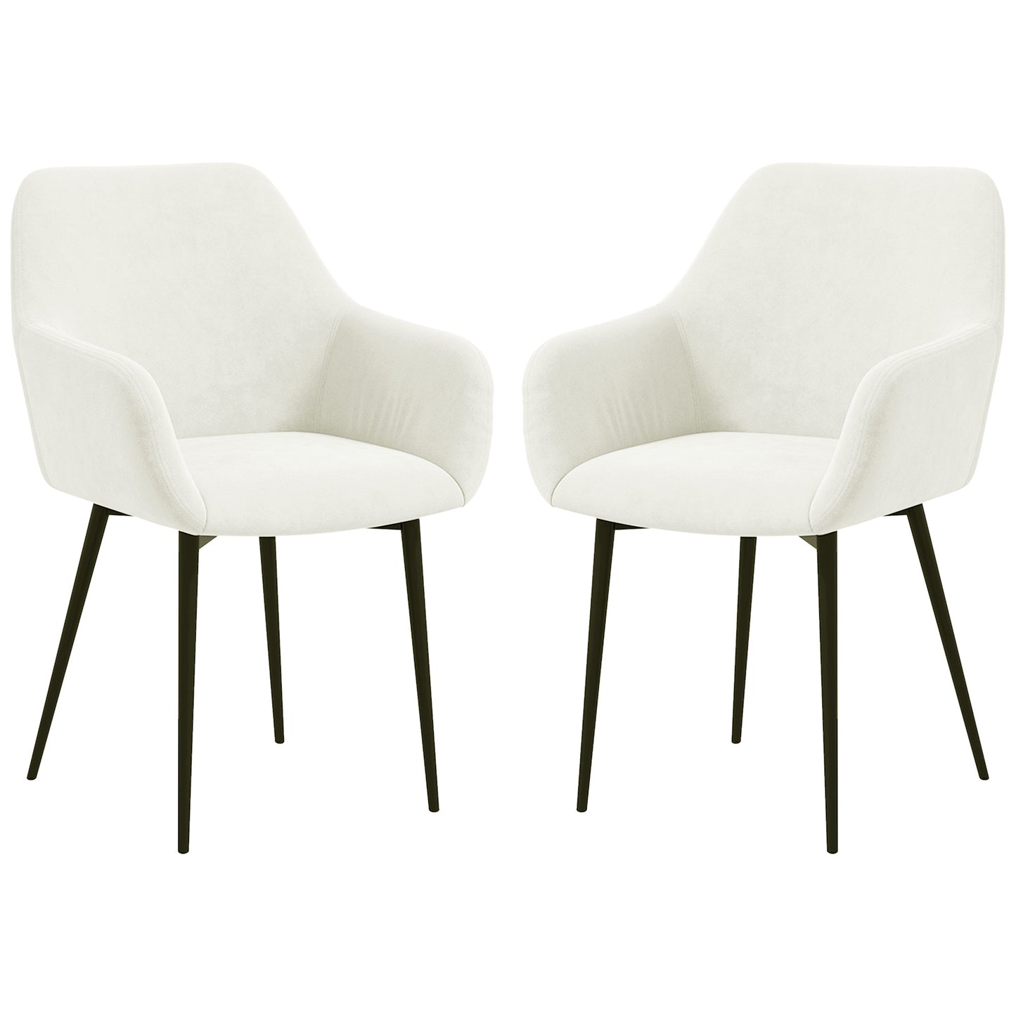 Dining Chairs Set of 2, Velvet-look Fabric Upholstered Kitchen Chairs with Backrest, Armrests and Steel Legs, Cream Whit