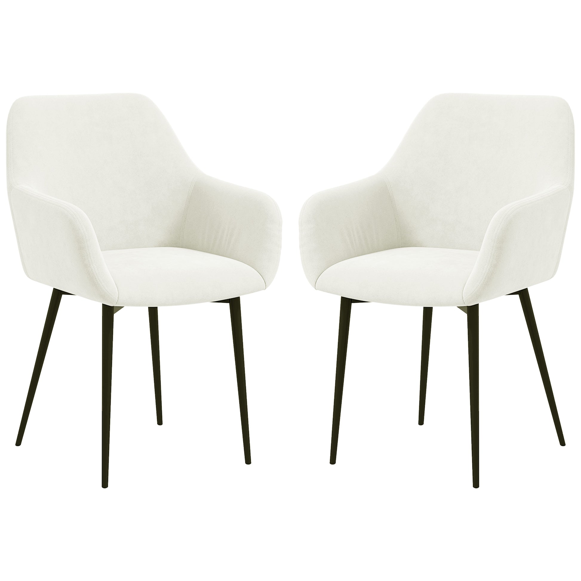 Dining Chairs Set of 2, Velvet-look Fabric Upholstered Kitchen Chairs with Backrest, Armrests and Steel Legs, Cream Whit