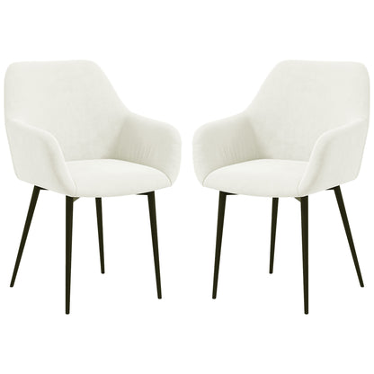 Dining Chairs Set of 2, Velvet-look Fabric Upholstered Kitchen Chairs with Backrest, Armrests and Steel Legs, Cream Whit