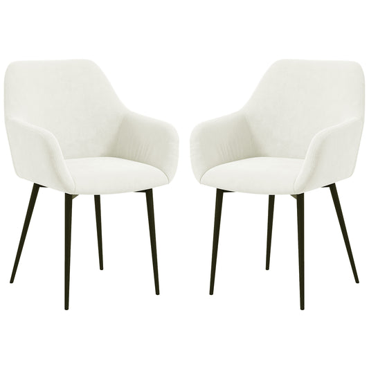 Dining Chairs Set of 2, Velvet-look Fabric Upholstered Kitchen Chairs with Backrest, Armrests and Steel Legs, Cream Whit