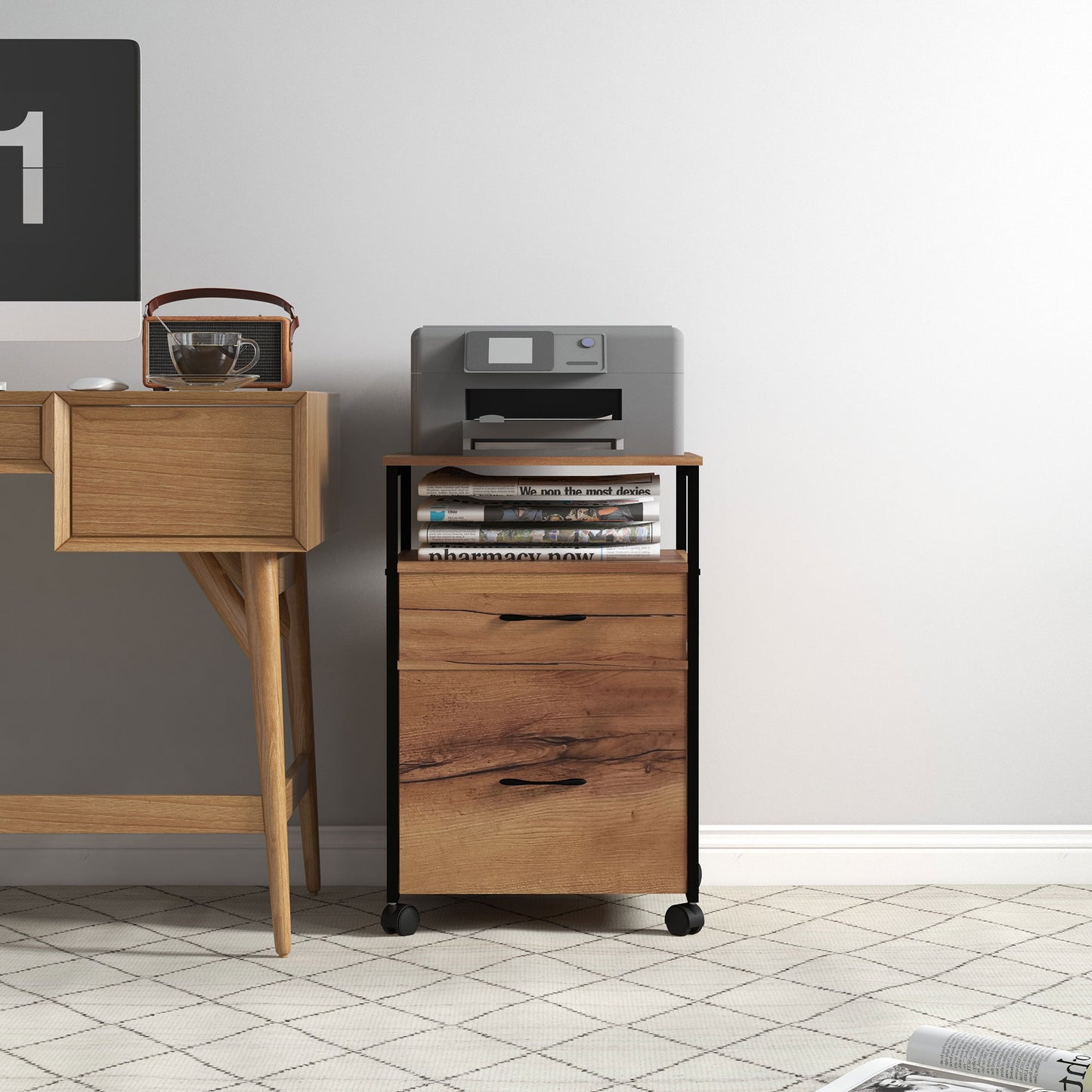 Vertical Filing Cabinet with Wheels, 26.2" Tall File Cabinet with 2 Drawers, Open Shelf, Hanging Bars for Letter and A4,