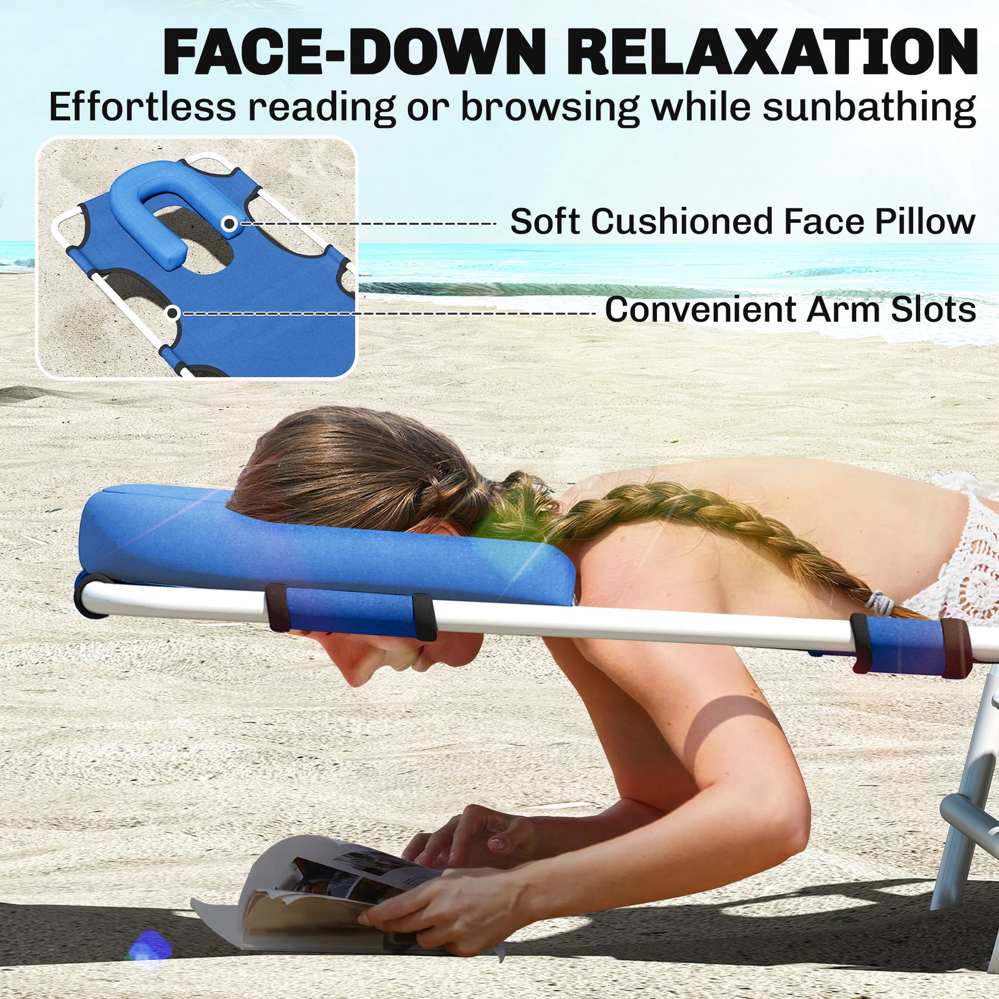 Folding Lounge Chair Outdoor, Tanning Chair with Face Hole Arm Slots, Beach Chaise Lounger with Pillow, 5-Position Adjus