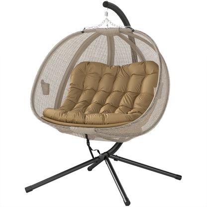 Double Egg Chair with Stand, 2 Person Hanging Swing Egg Chair with Cushion, Pockets, Khaki