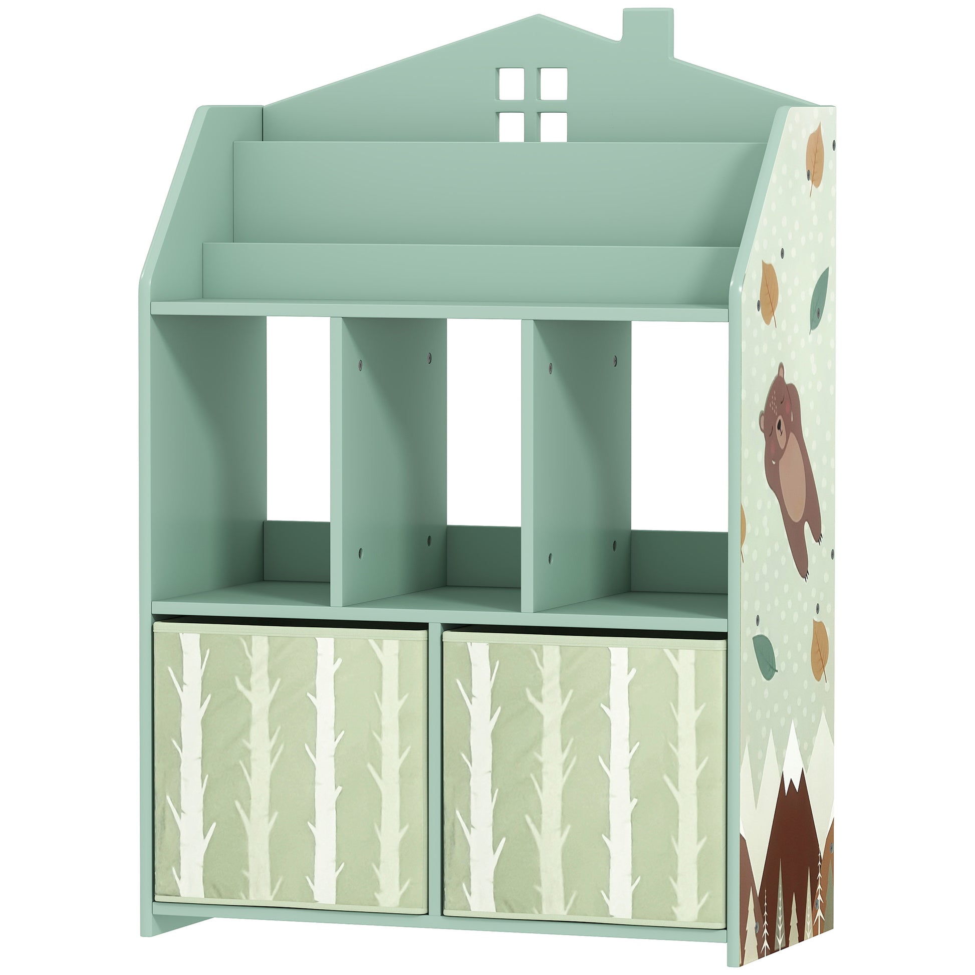 Qaba Kids Bookshelf with Storage, Toy Storage Unit with Book Display, Shelves and Fabric Drawers for Playroom Nursery, G