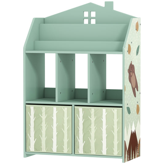 Qaba Kids Bookshelf with Storage, Toy Storage Unit with Book Display, Shelves and Fabric Drawers for Playroom Nursery, G