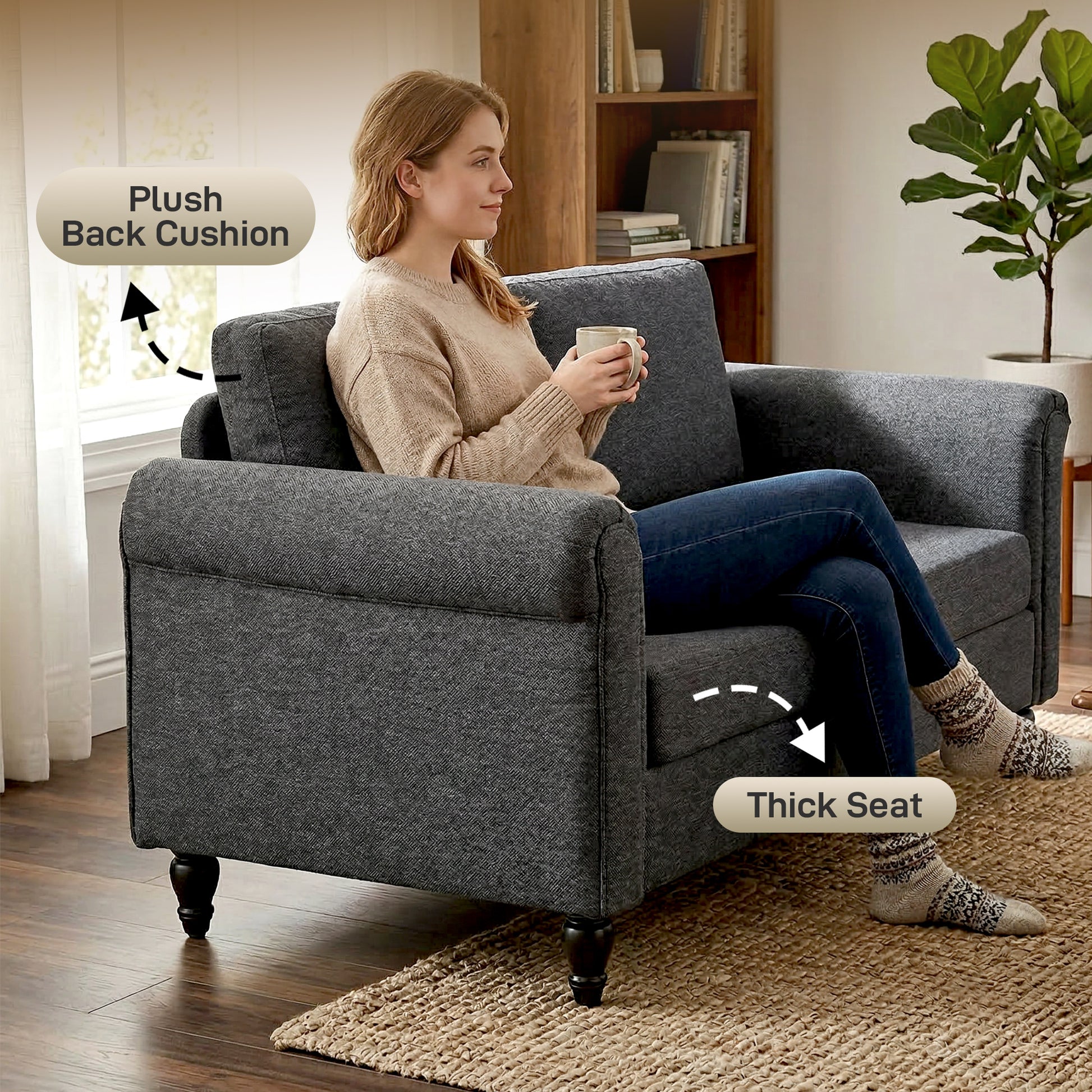 Vintage Loveseat, Upholstered Love Seat Furniture, Chenille-feel Fabric 2 Seater Sofa Couch with Rolled Arms, Gourd-Shap