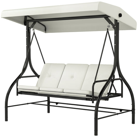 Convertible Patio Swing Bed with Canopy and Cushions, 3 Seater Porch Swing for Outdoor, Backyard, Garden, Cream White