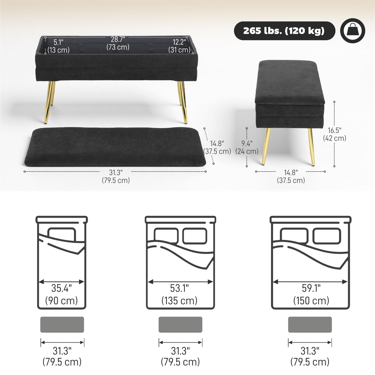 31" Storage Ottoman, Velvet End of Bed Bench with Steel Legs, Foot Stool with Storage for Bedroom, Living Room, Black