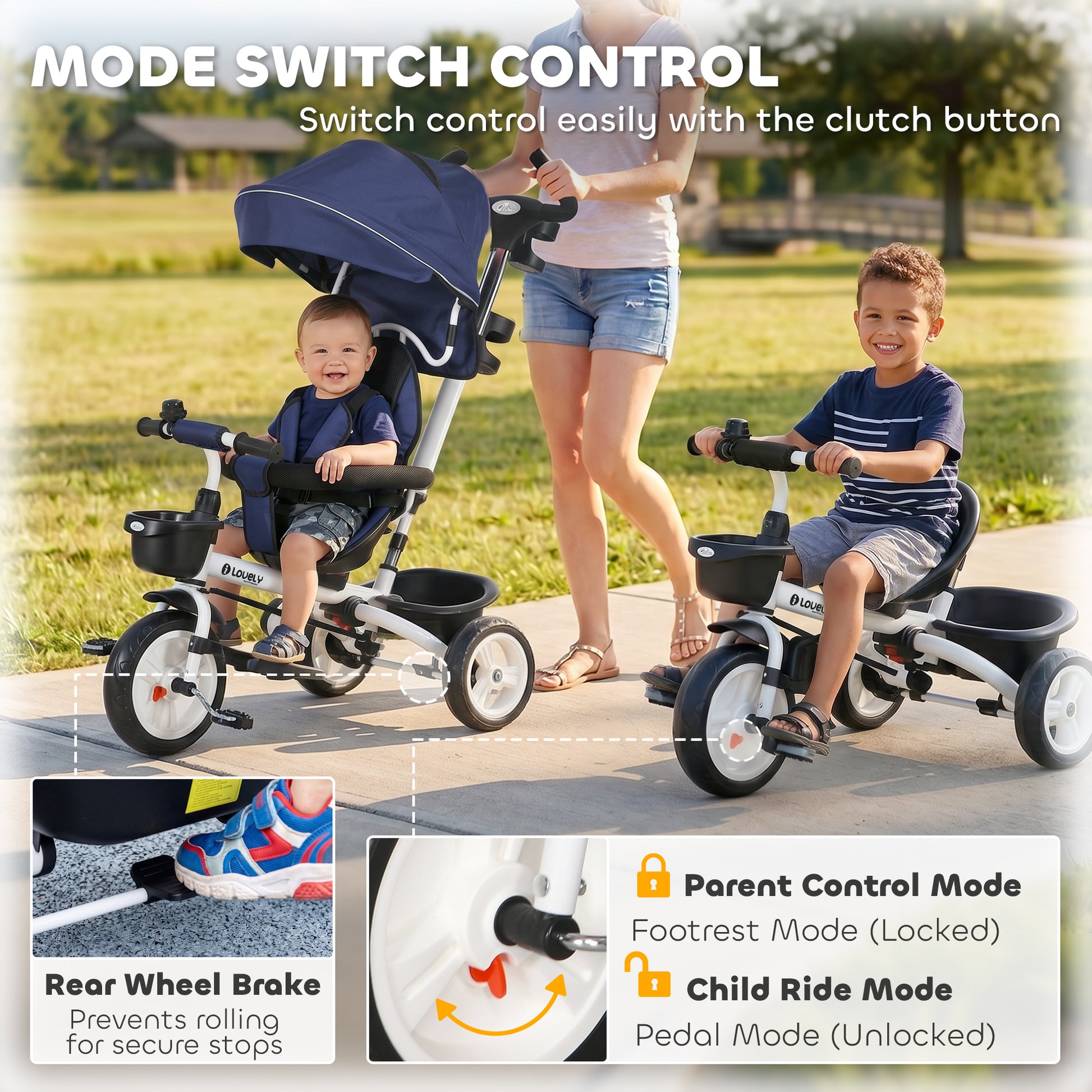 Qaba 6 in 1 Toddler Tricycle with Parent Push Handle, Canopy, Storage Baskets, Cupholder, Dark Blue