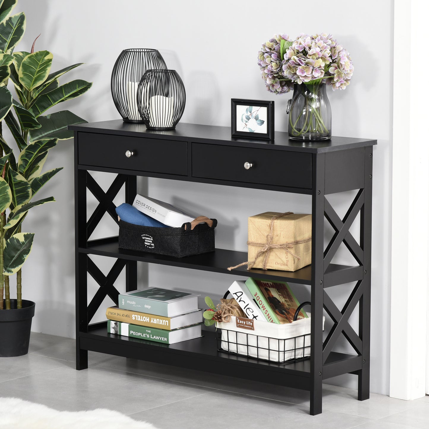 39" Console Table, Narrow Entryway Table with Storage Shelves, Drawers and X Frame for Behind Couch, Living Room, Hallwa