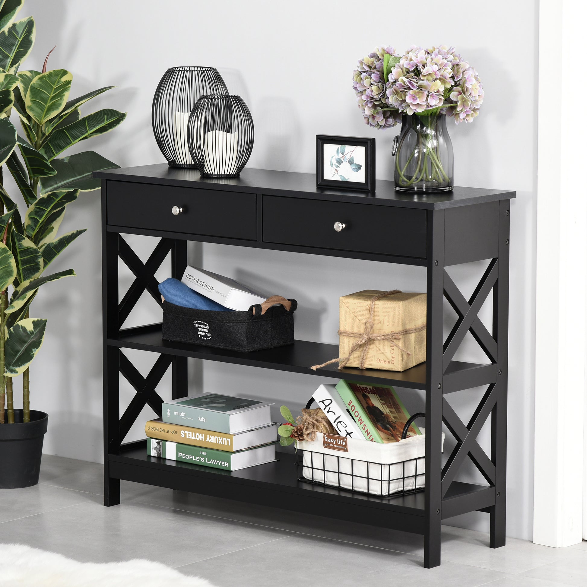 39" Console Table, Narrow Entryway Table with Storage Shelves, Drawers and X Frame for Behind Couch, Living Room, Hallwa