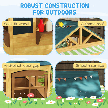 Qaba Wooden Foldable Outdoor Playhouse for Kids Ages 3-8, Snack Bars, Working Door, Rain Covers, Blackboards, Brown