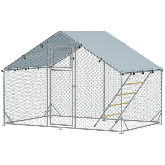 Large Metal Chicken Run with Waterproof & UV-Resistant Cover, Feeding Door, Hanging Feeder, Perch for 6-8 Chickens