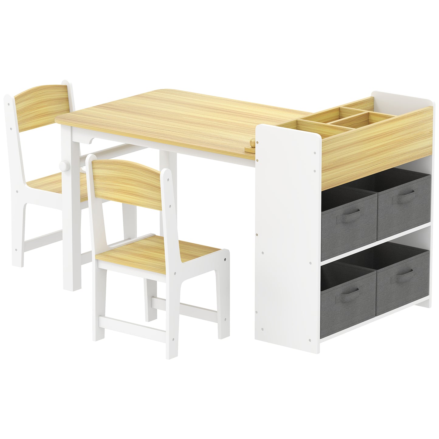 Qaba Kids Table and Chairs Set, Toddler Art Table and Chair Set with Paper Roll, Storage Shelves and Drawers, Natural Wo