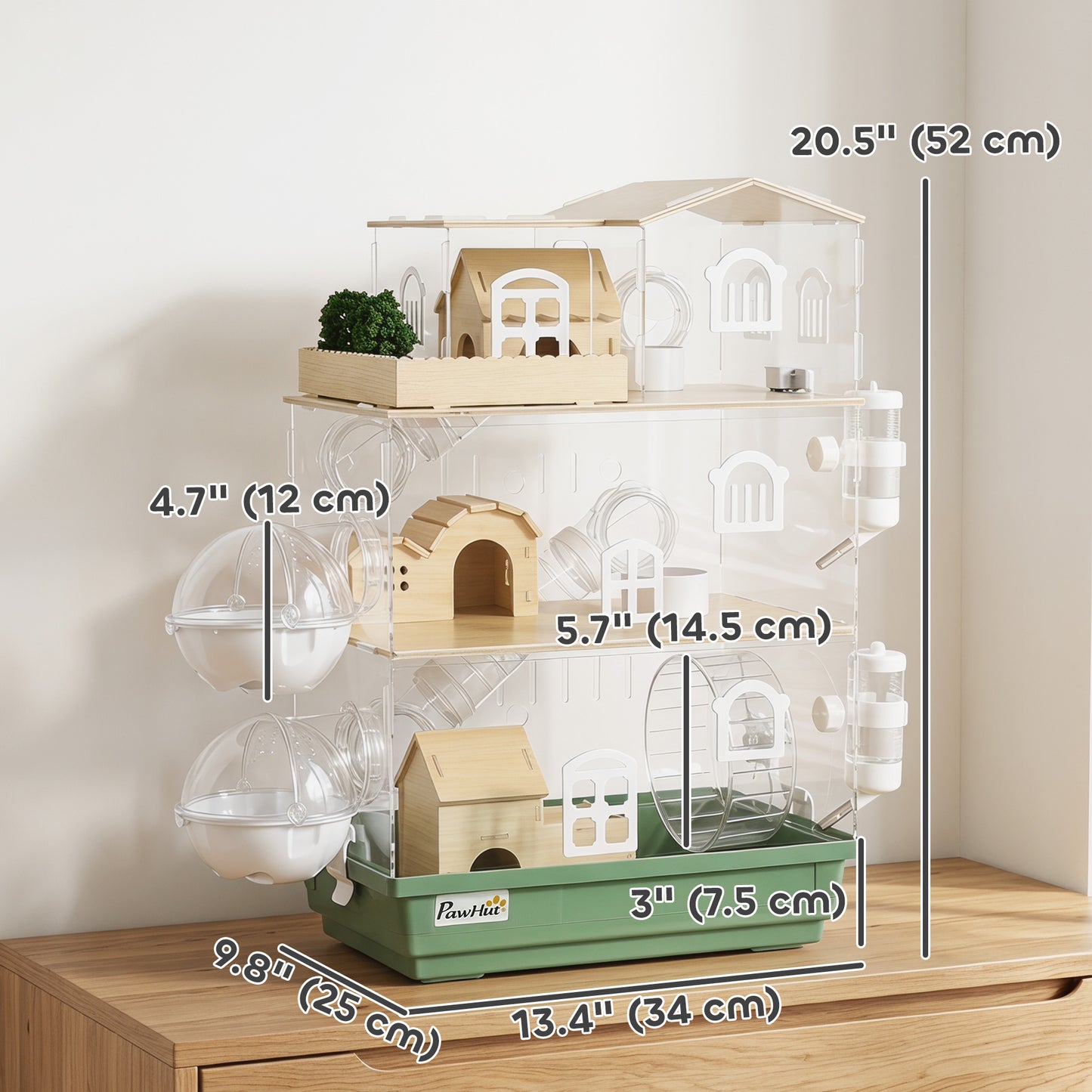Large Hamster Cage, 3 Tiers Acrylic Hamster Habitat with Water Bottles, Running Wheel for Pet Mice, Dwarf Hamster