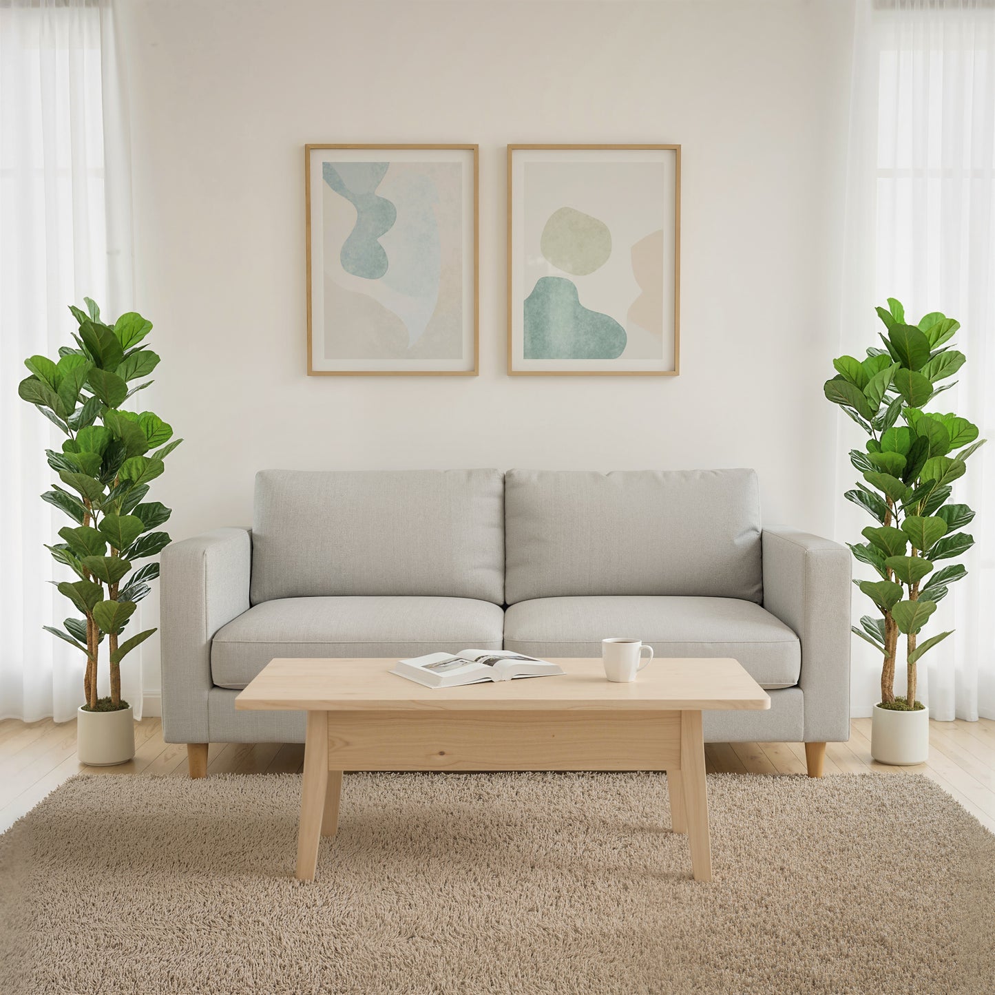 5FT Artificial Fiddle Leaf Fig Tree Set of 2, Fake Potted Tree with Solid Wood Trunks for Indoor Decor, Green
