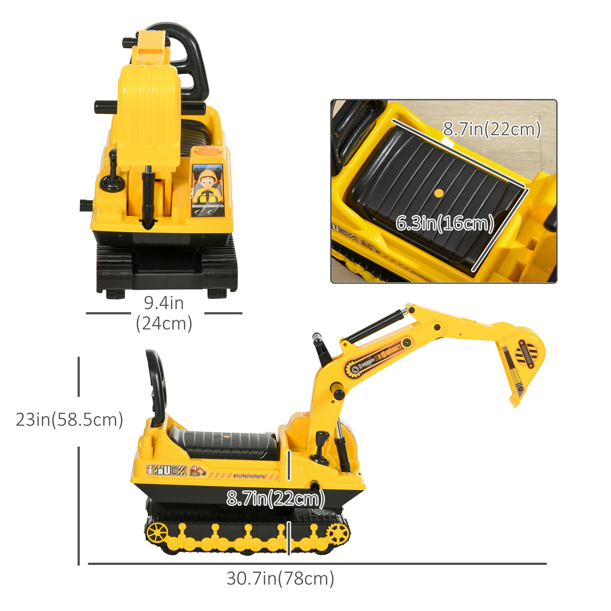 Qaba Kids Ride-on Excavator with Digger, Pretend Play Construction Truck with Under Seat Storage, Realistic Sound, Tread