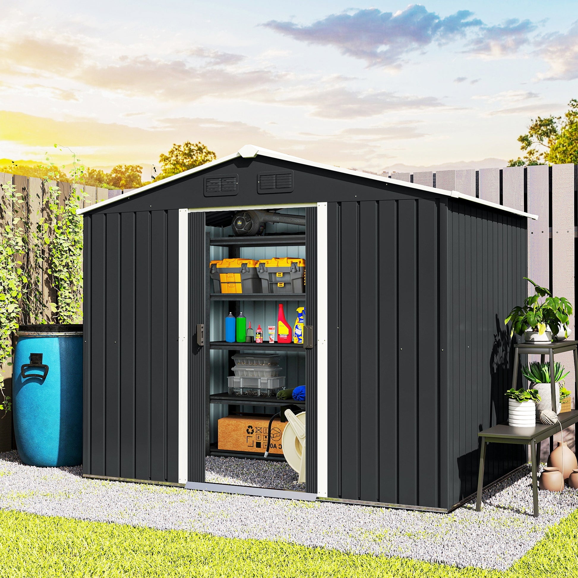 8' x 6' Outdoor Storage Shed, Metal Garden Tool Storage House with Lockable Sliding Doors and Vents for Backyard Patio L