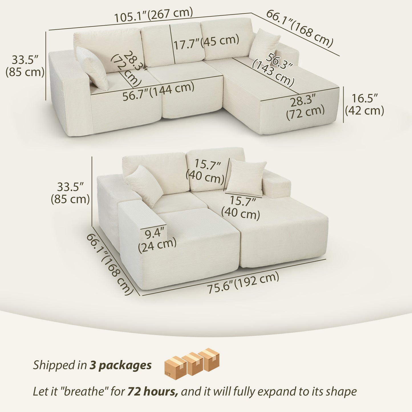 Cream White Modular Sofa, 2-in-1 L Shaped Couch Sofa Bed