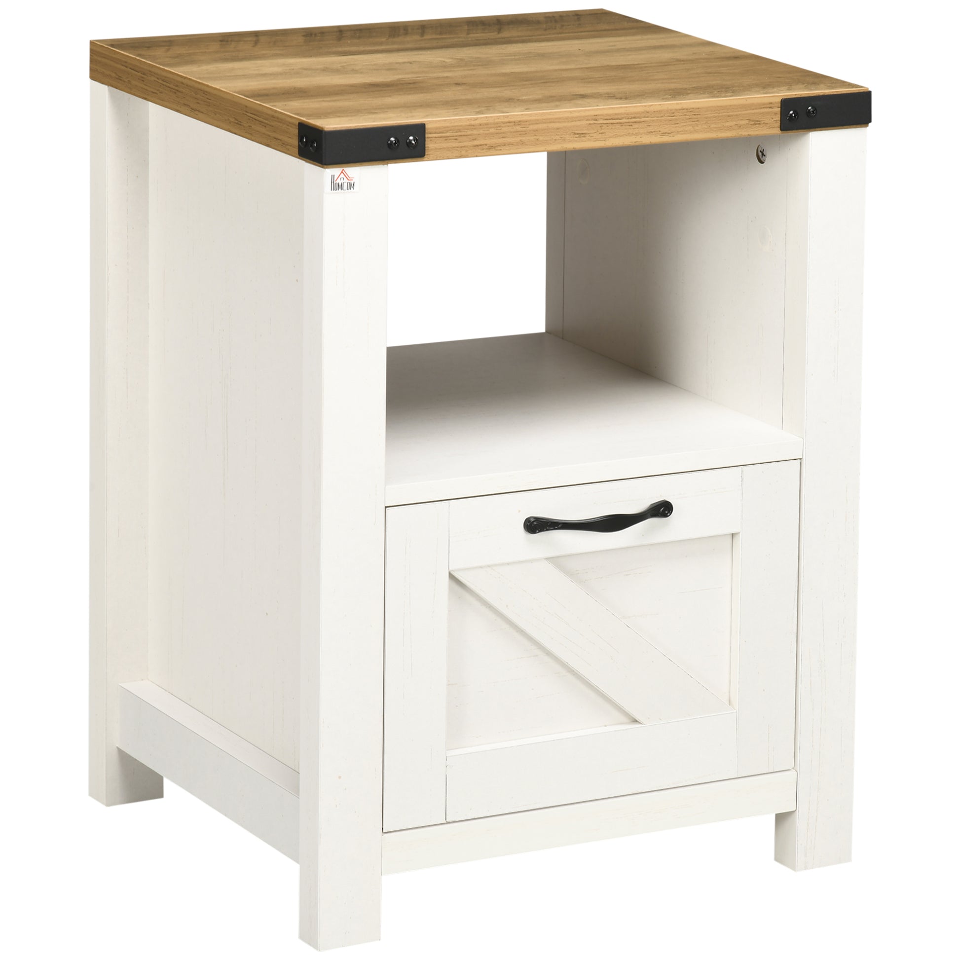 Side Table with Storage, Farmhouse End Table with Drawer, Open Shelf and Barn-style Panel, Nightstand for Living Room, B
