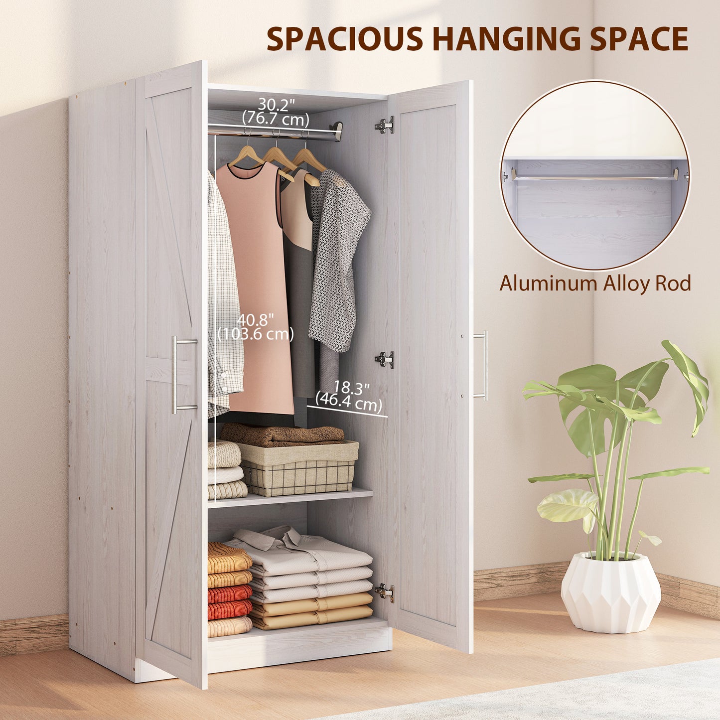 Wardrobe Cabinet with Hanging Rod, Anti-Tipping and 2 Barn Doors, Farmhouse Wardrobe Closet for Bedroom, White Wood Effe