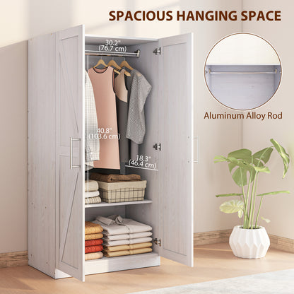 Wardrobe Cabinet with Hanging Rod, Anti-Tipping and 2 Barn Doors, Farmhouse Wardrobe Closet for Bedroom, White Wood Effe