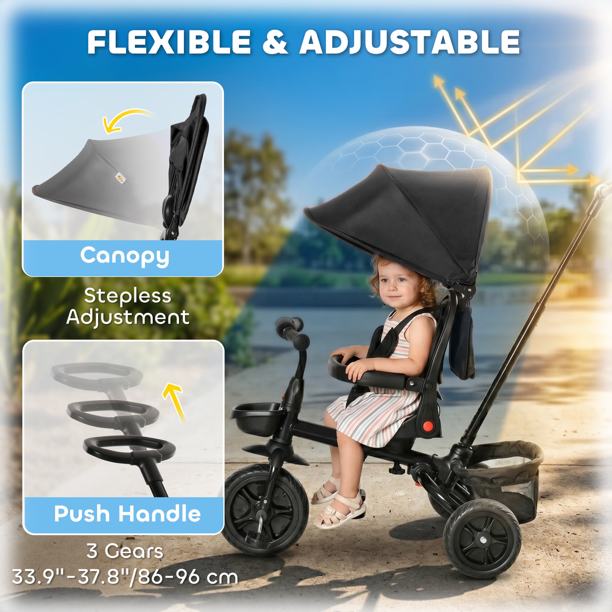 Qaba Tricycle for Toddler 5 in 1 Kids Trike, Foldable Converts Stroller to Toddler Bike, Adjustable Backrest & Curved Ca
