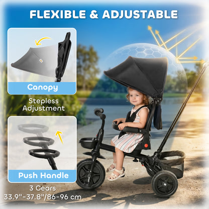 Qaba Tricycle for Toddler 5 in 1 Kids Trike, Foldable Converts Stroller to Toddler Bike, Adjustable Backrest & Curved Ca