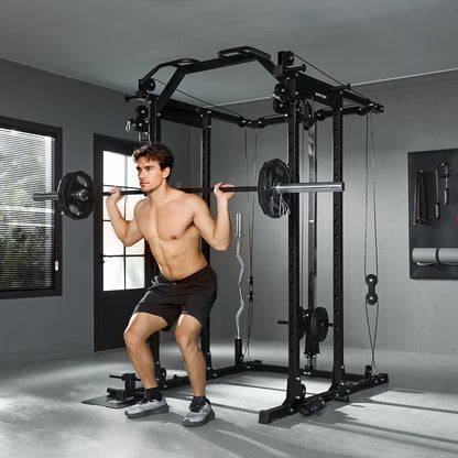 Soozier Multi-Functional Power Rack, Smith Machine Cable Crossover System with Pull Up Bar, Lat-Pull Down System, Landmi