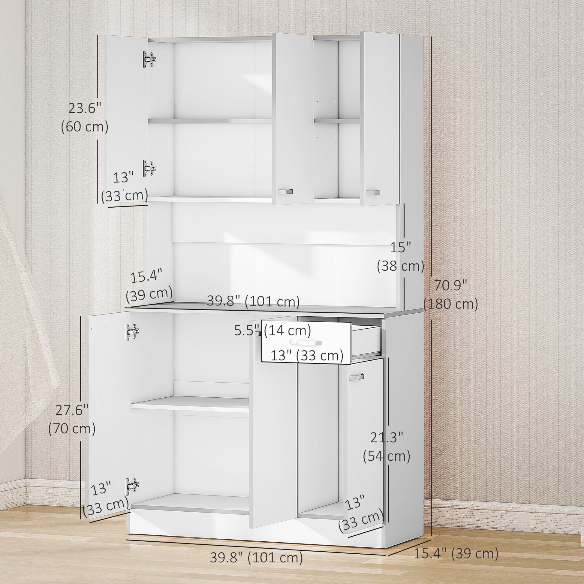 71" Modern Buffet with Hutch, Standing Kitchen Hutch with Storage Cabinets, Drawer, Open Space with Microwave Stand, Whi