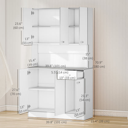 71" Modern Buffet with Hutch, Standing Kitchen Hutch with Storage Cabinets, Drawer, Open Space with Microwave Stand, Whi