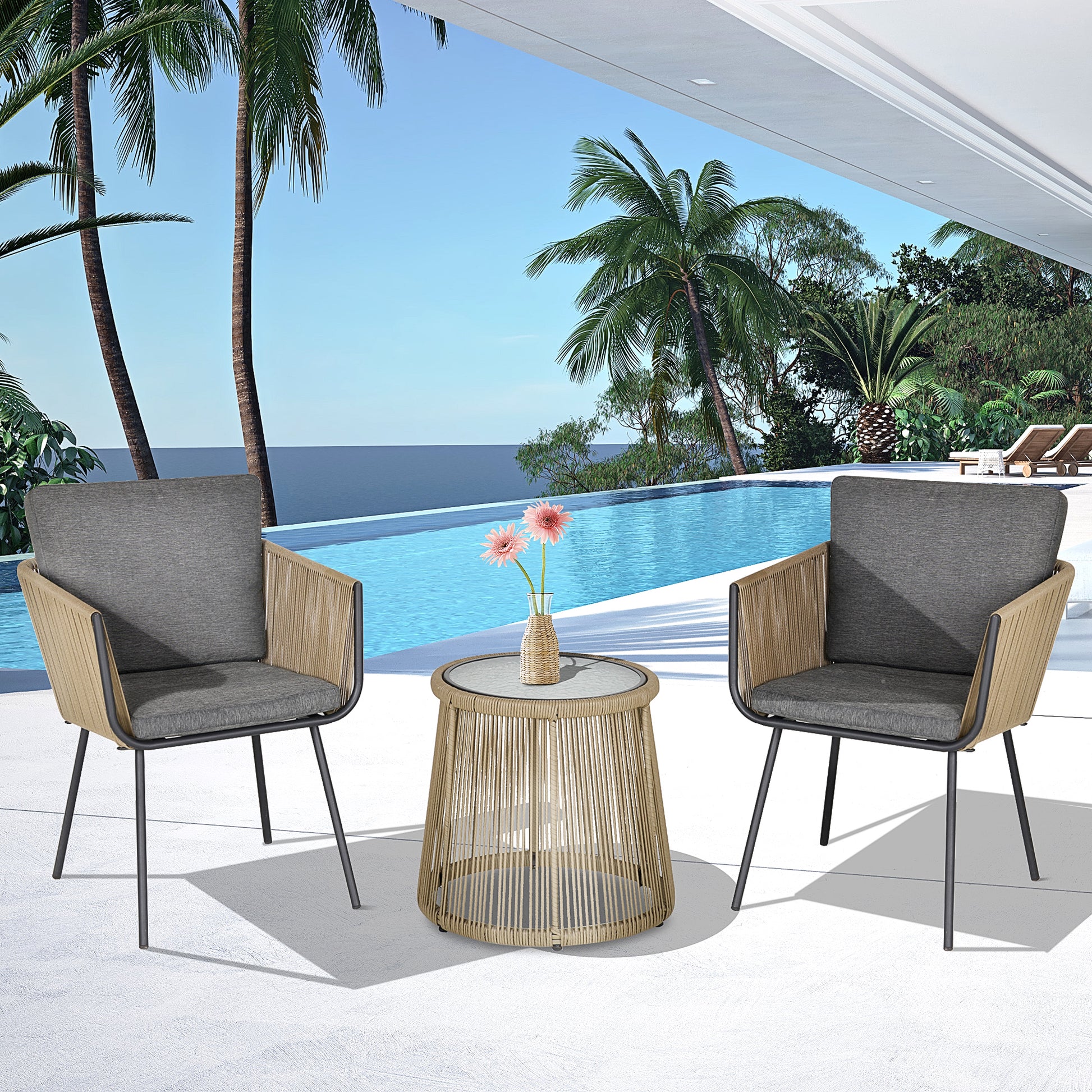 3 Pieces Wicker Patio Furniture Set, Rattan Bistro Set with Coffee Table and Cushions, Outdoor Conversation Set for Gard