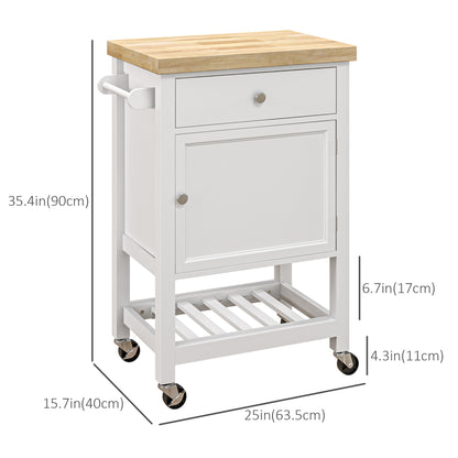 Kitchen Cart on Wheels, Rolling Kitchen Island Cart with Wood Top, Towel Rack, Drawer and Shelf for Dining Area, White