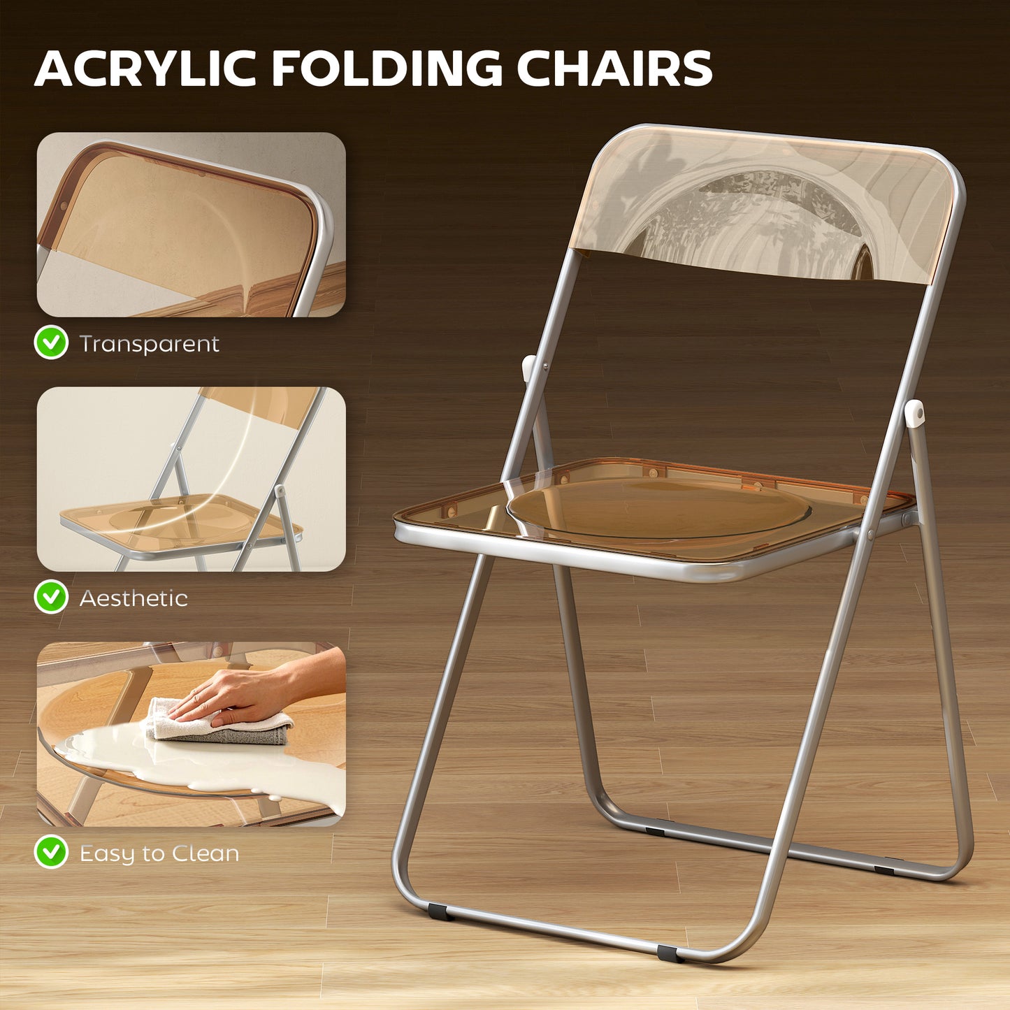 4 Pack Acrylic Foldable Chairs, Transparent Folding Chairs for Living Room, Home Office, Party, Orange