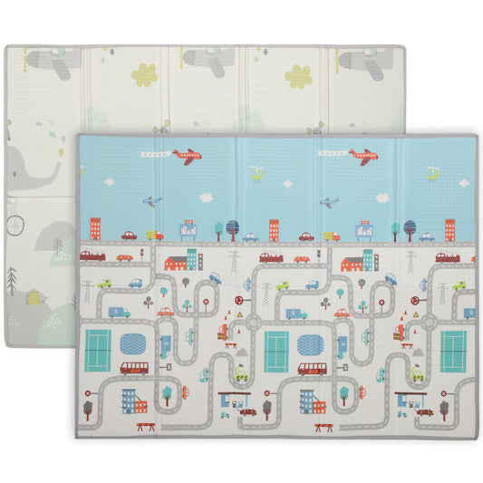 Qaba Foldable Baby Plat Mat, 79" x 59" Kids Floor Mat for Crawling and Learning, Track & Elephant Theme