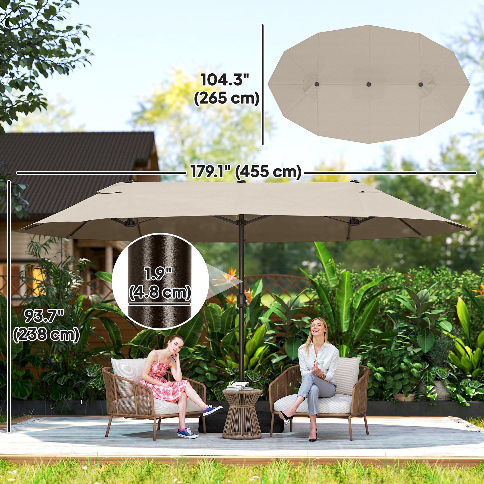 15 ft Double-Sided Patio Umbrella with Crank, Cross Base and Sandbag - Khaki - Image 2