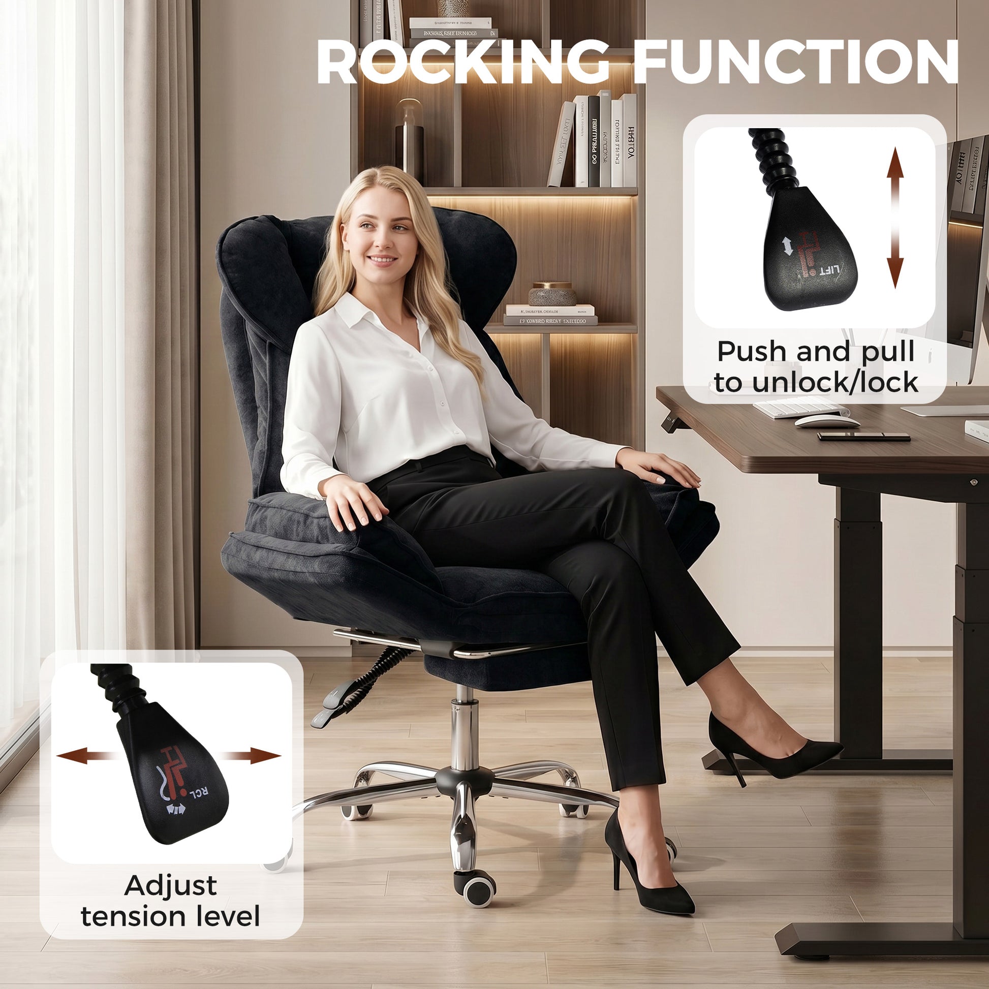 Big and Tall Office Chair Footrest Executive Desk Chair High Back Snowflake Velvet Reclining, Black
