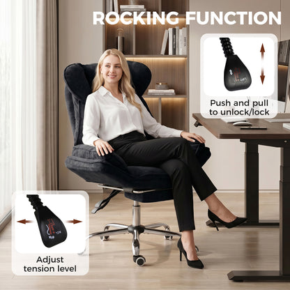 Big and Tall Office Chair Footrest Executive Desk Chair High Back Snowflake Velvet Reclining, Black