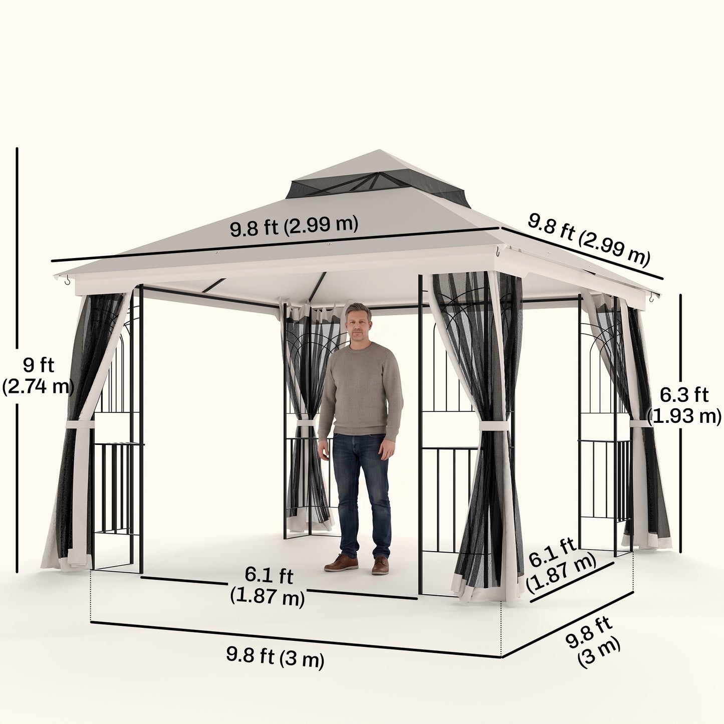 10'x10' Soft-top Patio Gazebo with Double Tier Roof, Mesh Curtains, Display Shelves, Top Hooks, Beige