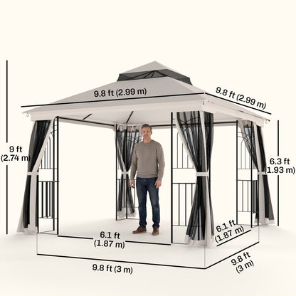 10'x10' Soft-top Patio Gazebo with Double Tier Roof, Mesh Curtains, Display Shelves, Top Hooks, Beige